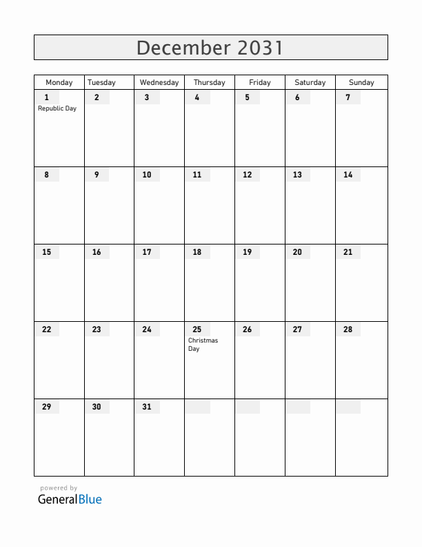 Central African Republic December 2031 Calendar with Holidays
