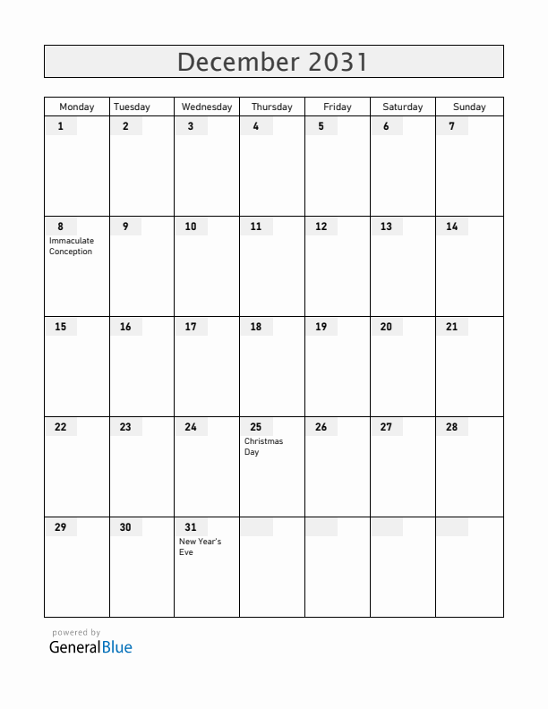 Chile December 2031 Calendar with Holidays
