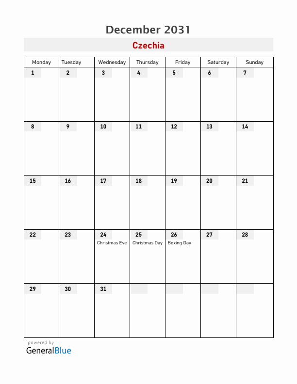 Czechia December 2031 Calendar with Holidays