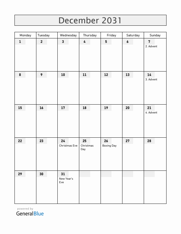 Germany December 2031 Calendar with Holidays