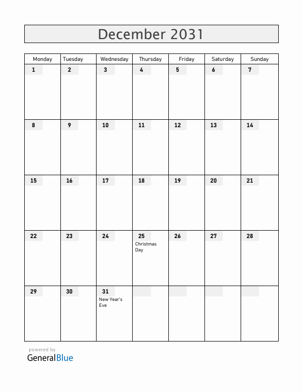 Ecuador December 2031 Calendar with Holidays