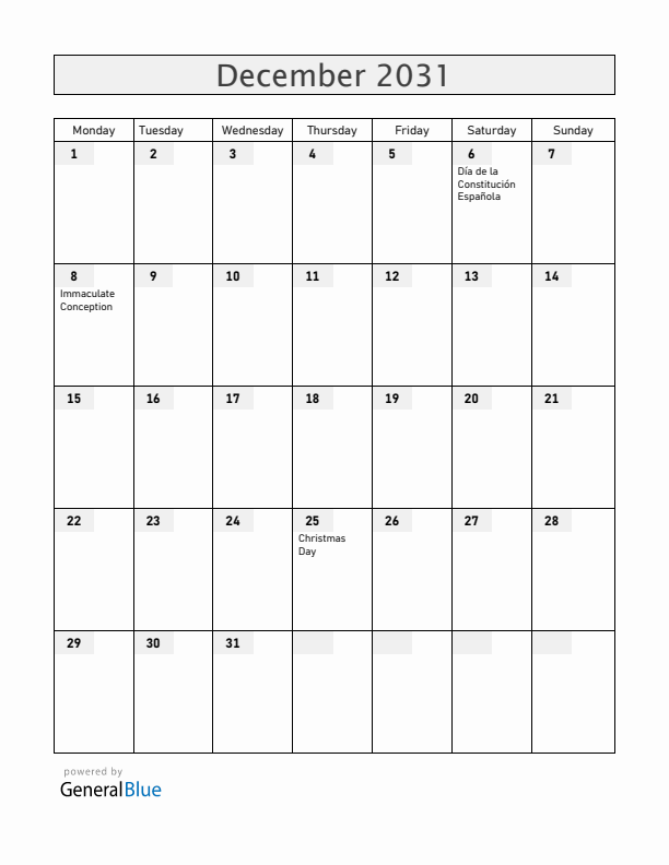 Spain December 2031 Calendar with Holidays