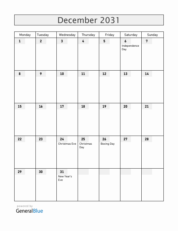 Finland December 2031 Calendar with Holidays