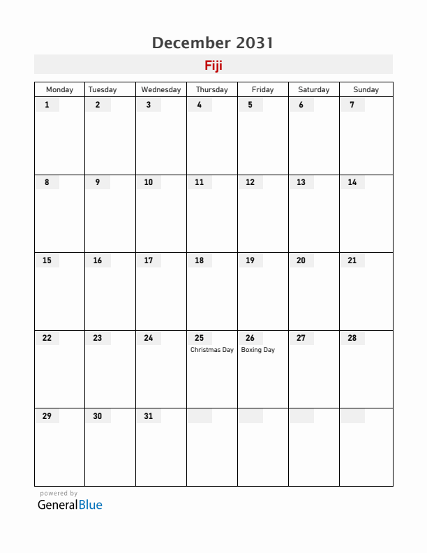 Fiji December 2031 Calendar with Holidays