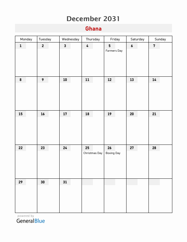 Ghana December 2031 Calendar with Holidays