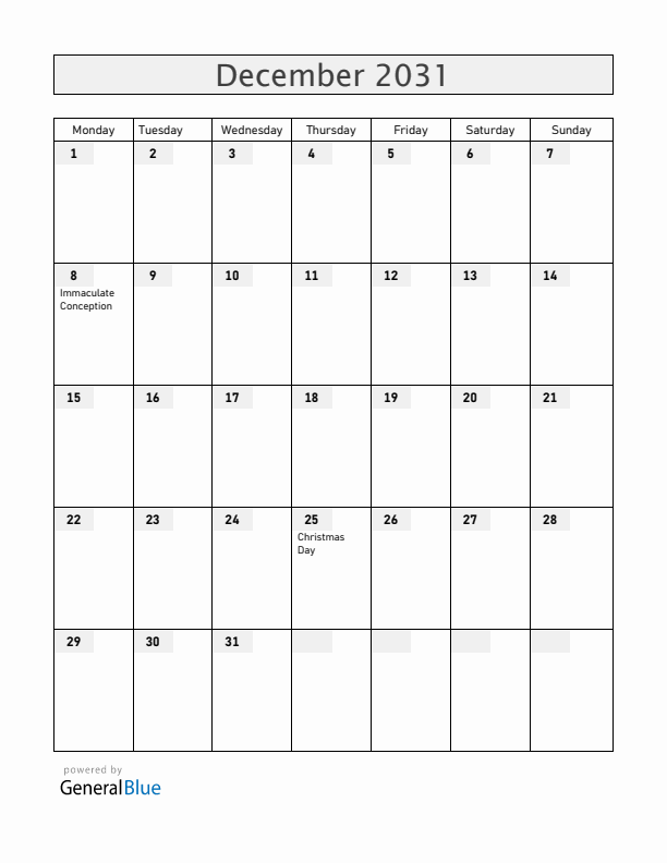Equatorial Guinea December 2031 Calendar with Holidays
