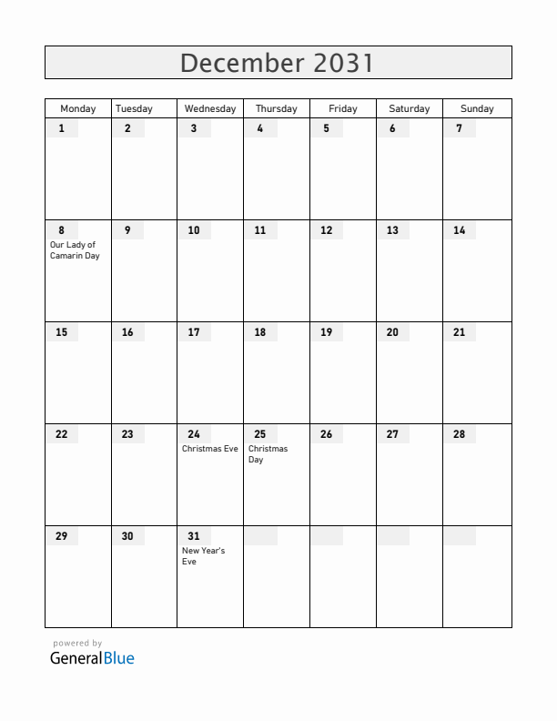 Guam December 2031 Calendar with Holidays