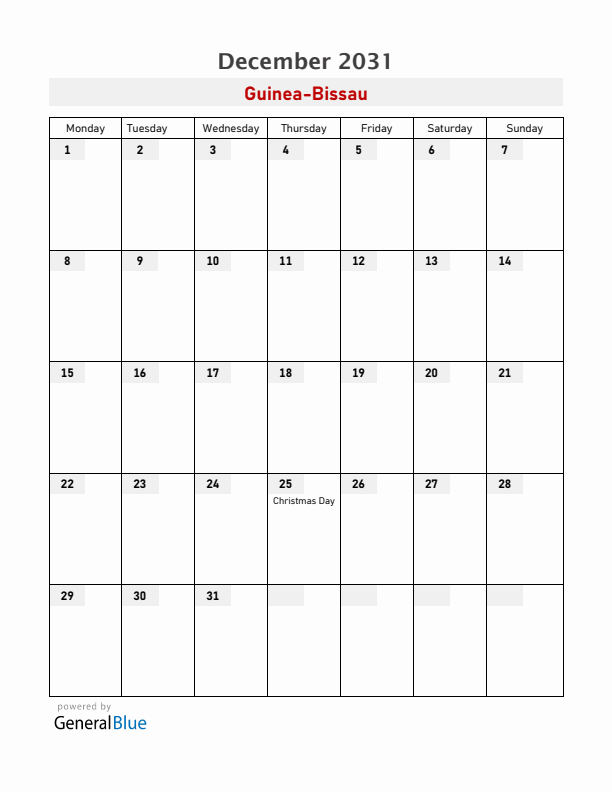 Guinea-Bissau December 2031 Calendar with Holidays