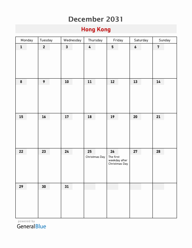 Hong Kong December 2031 Calendar with Holidays