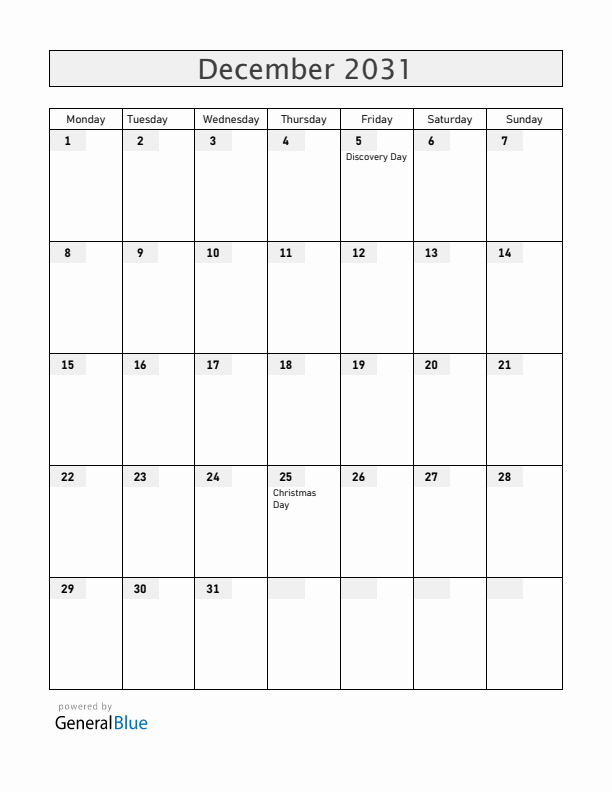 Haiti December 2031 Calendar with Holidays
