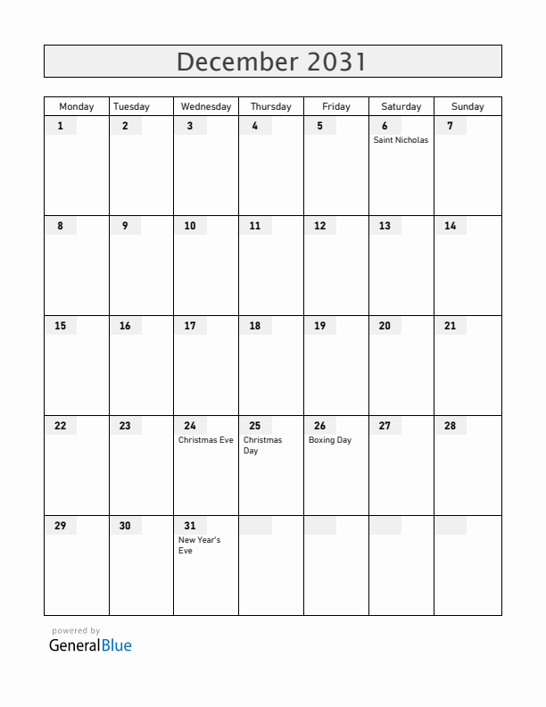 Hungary December 2031 Calendar with Holidays