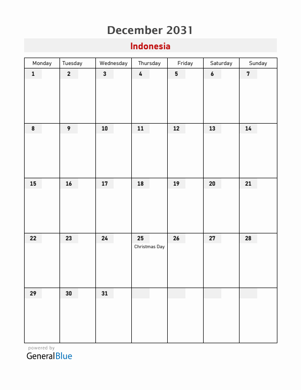 Indonesia December 2031 Calendar with Holidays