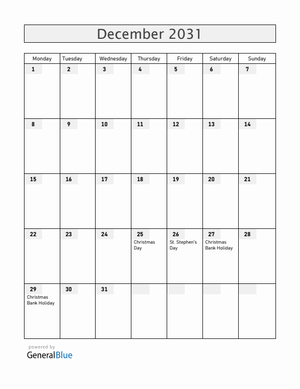 Ireland December 2031 Calendar with Holidays