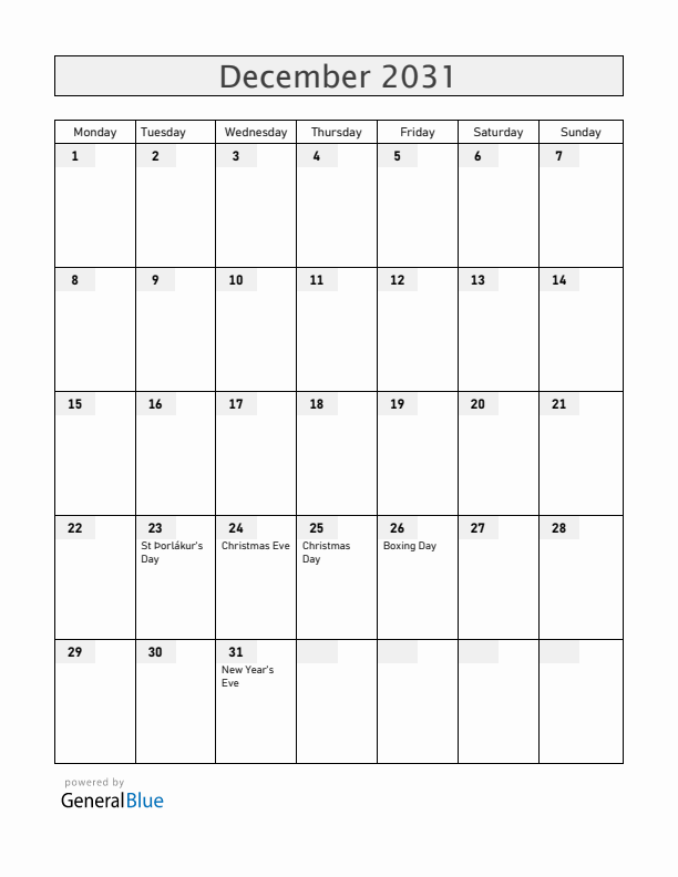 Iceland December 2031 Calendar with Holidays