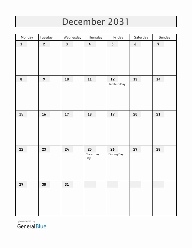 Kenya December 2031 Calendar with Holidays