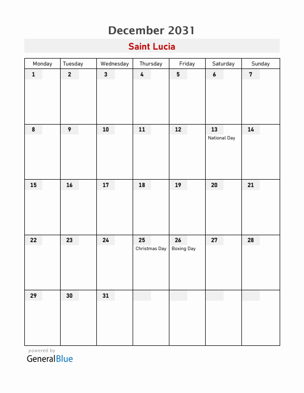 Saint Lucia December 2031 Calendar with Holidays