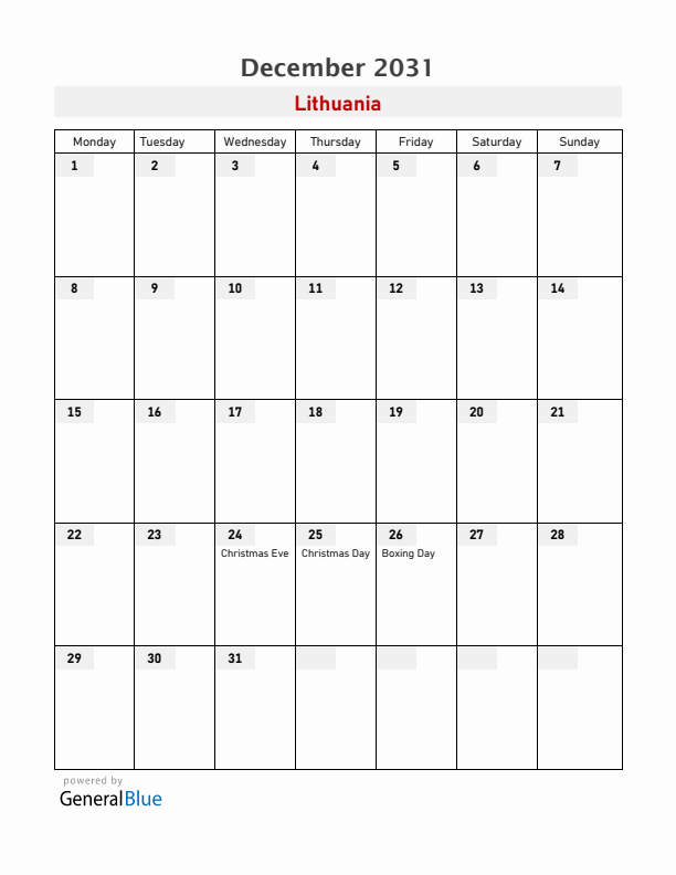 Lithuania December 2031 Calendar with Holidays