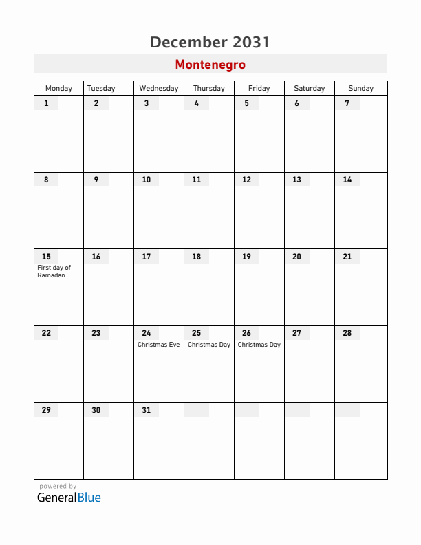 Montenegro December 2031 Calendar with Holidays