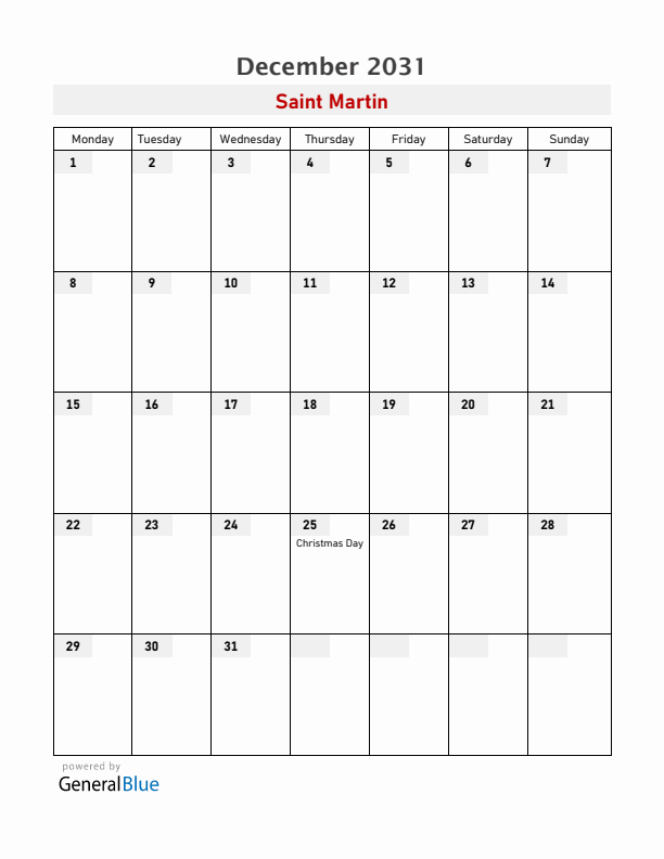 Saint Martin December 2031 Calendar with Holidays