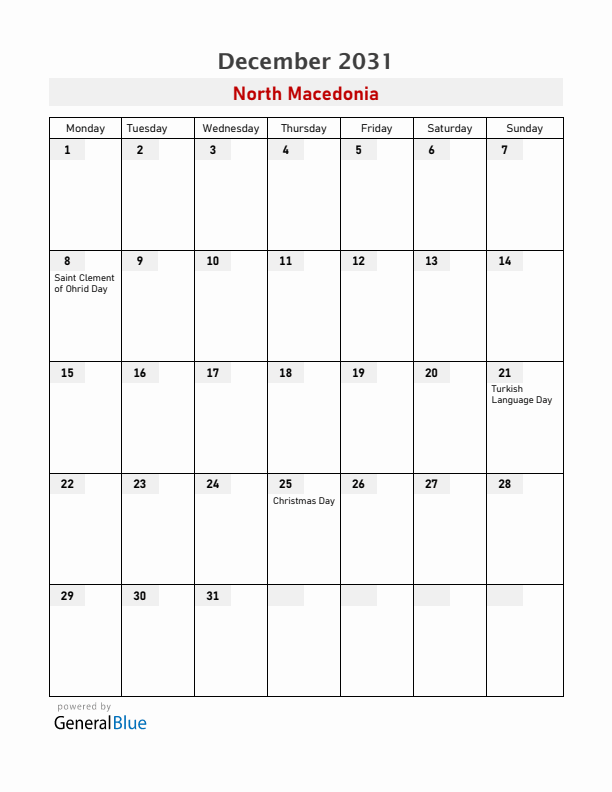 North Macedonia December 2031 Calendar with Holidays