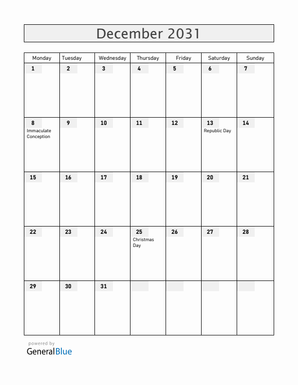 Malta December 2031 Calendar with Holidays