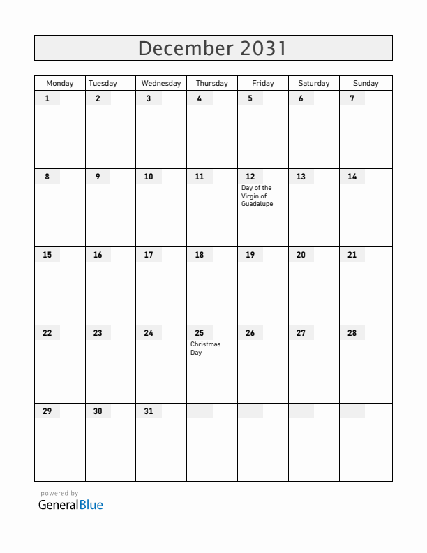 Mexico December 2031 Calendar with Holidays