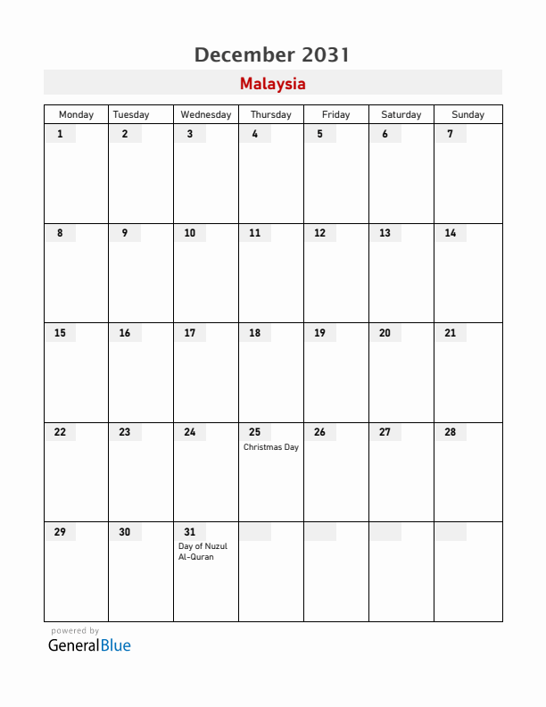 Malaysia December 2031 Calendar with Holidays