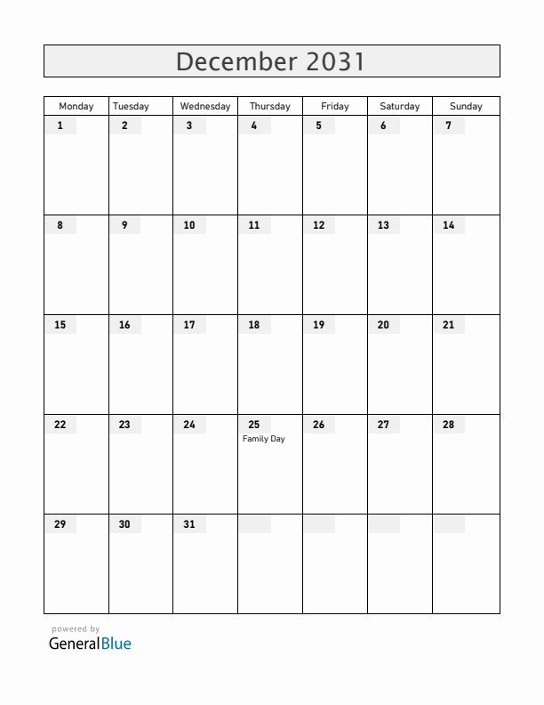 Mozambique December 2031 Calendar with Holidays
