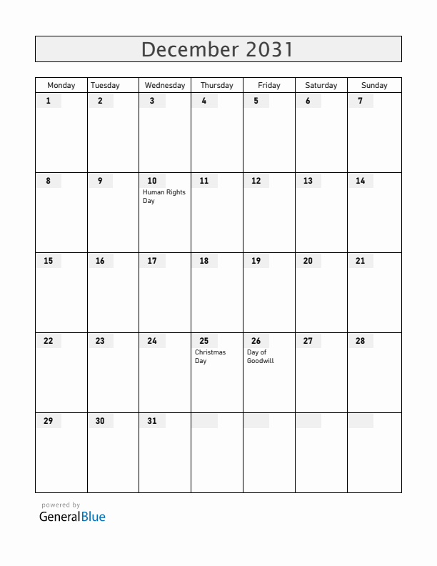 Namibia December 2031 Calendar with Holidays