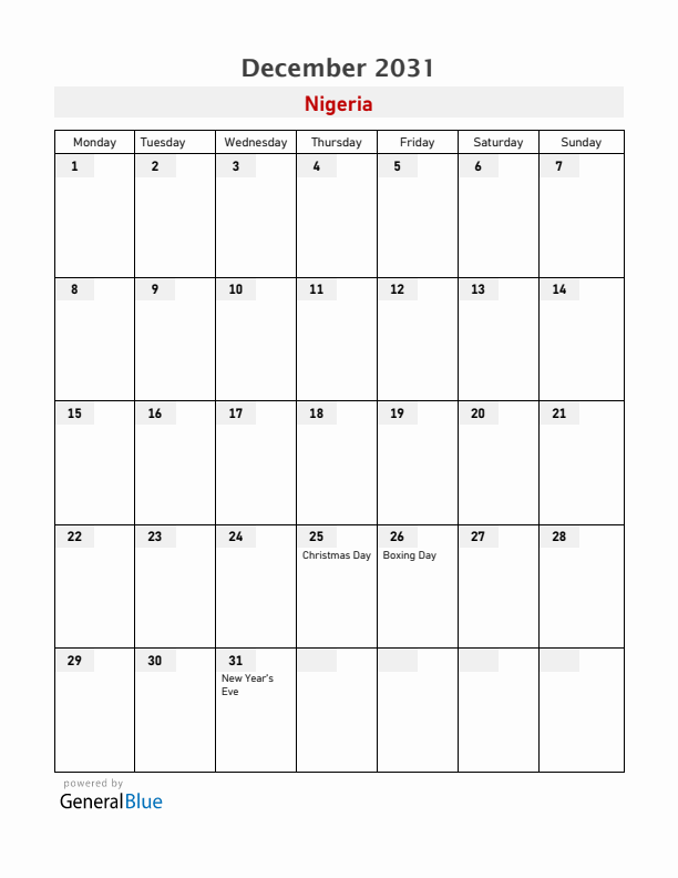 Nigeria December 2031 Calendar with Holidays