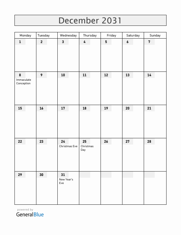 Nicaragua December 2031 Calendar with Holidays