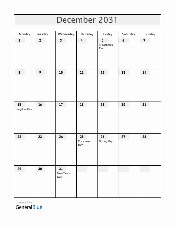 The Netherlands December 2031 Calendar with Holidays