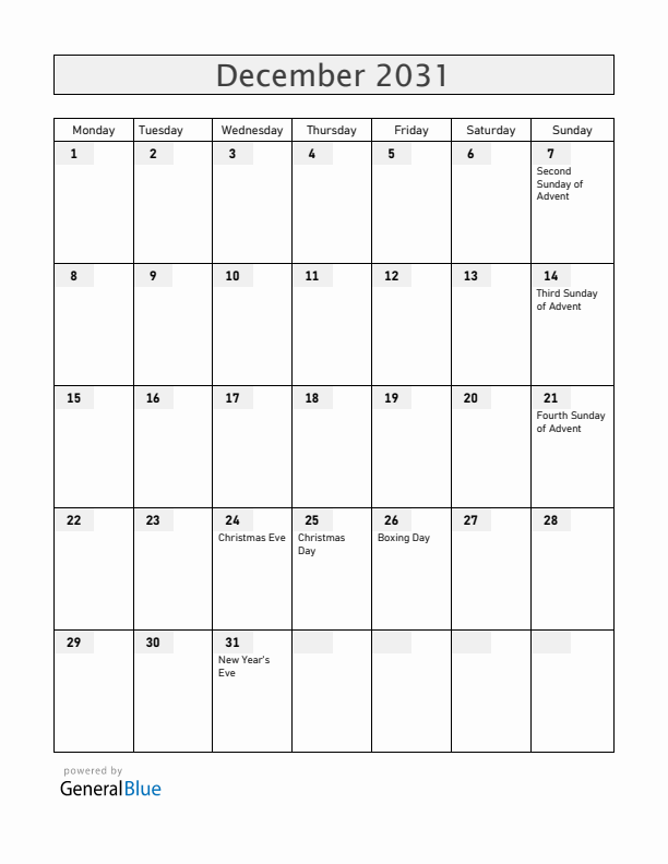 Norway December 2031 Calendar with Holidays
