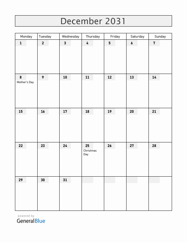 Panama December 2031 Calendar with Holidays