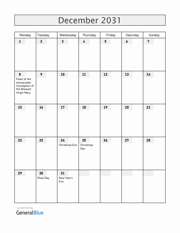 Philippines December 2031 Calendar with Holidays