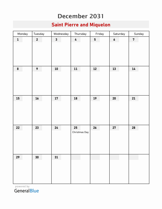 Saint Pierre and Miquelon December 2031 Calendar with Holidays