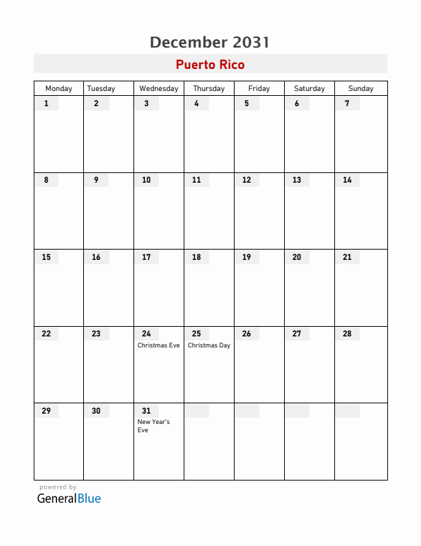 Puerto Rico December 2031 Calendar with Holidays