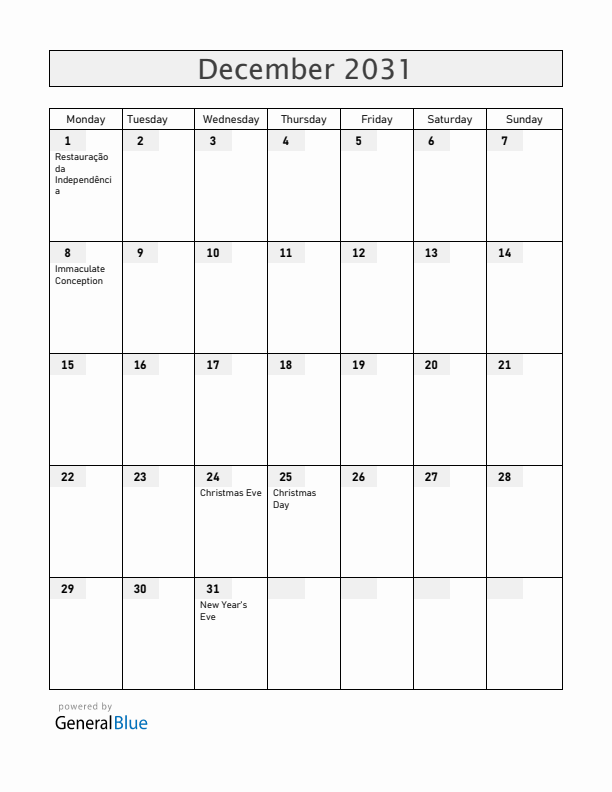 Portugal December 2031 Calendar with Holidays