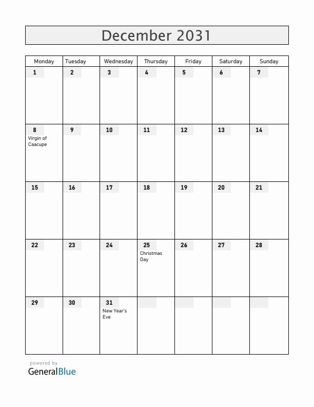 Paraguay December 2031 Calendar with Holidays