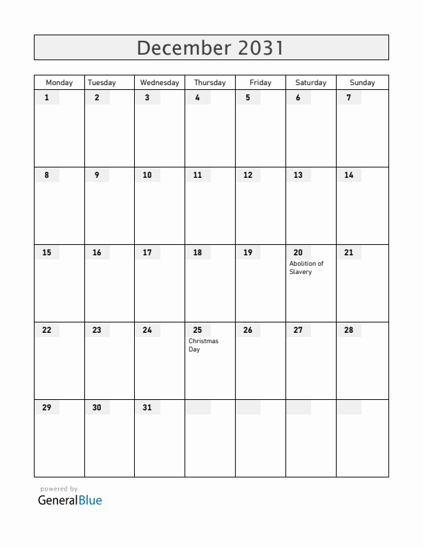 Reunion December 2031 Calendar with Holidays