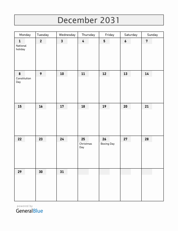 Romania December 2031 Calendar with Holidays