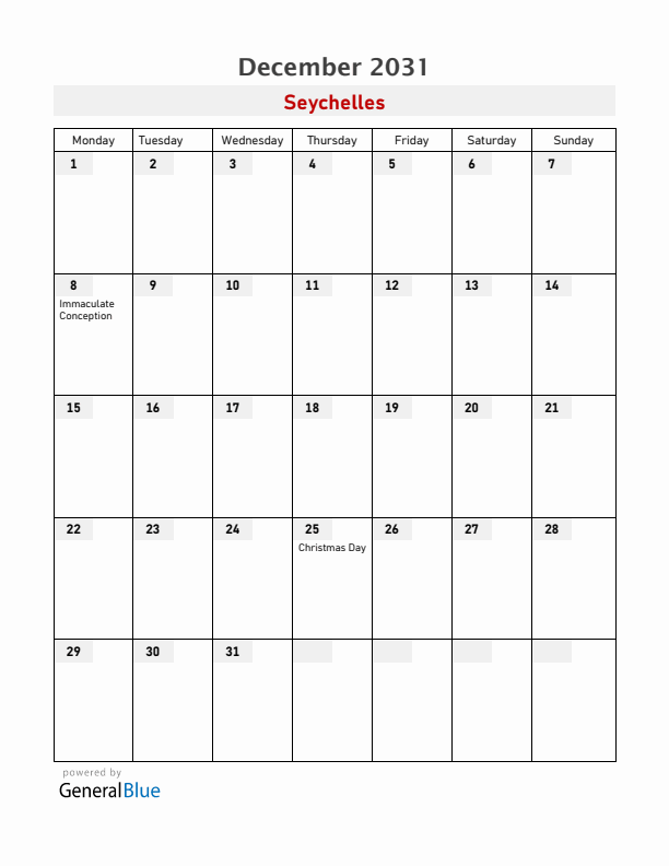 Seychelles December 2031 Calendar with Holidays