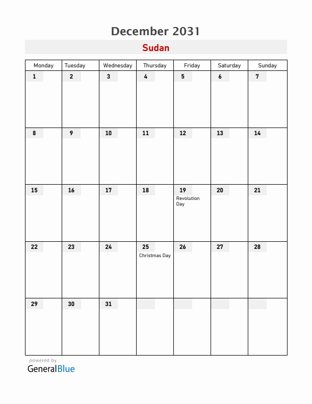 Sudan December 2031 Calendar with Holidays