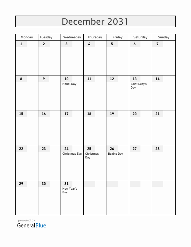 Sweden December 2031 Calendar with Holidays