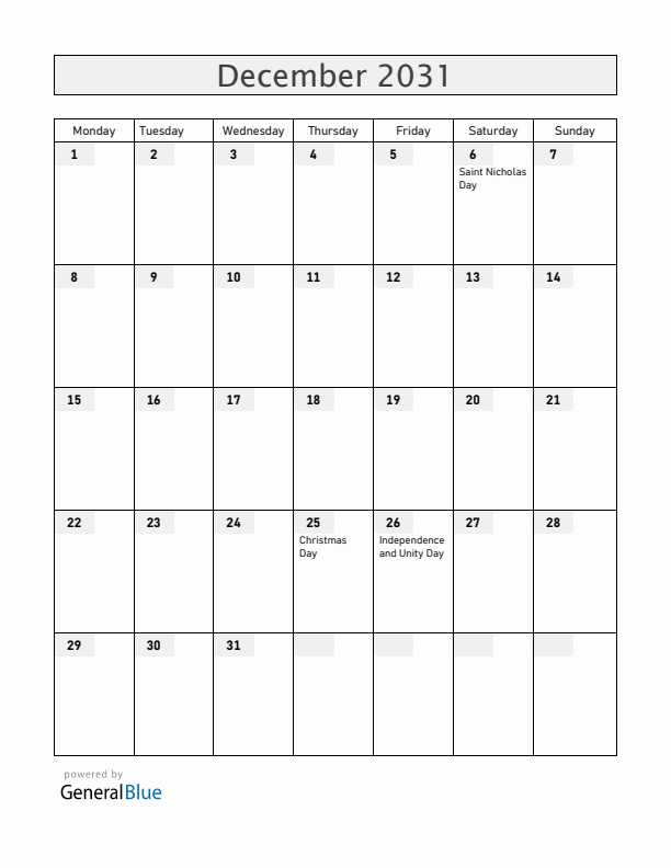 Slovenia December 2031 Calendar with Holidays