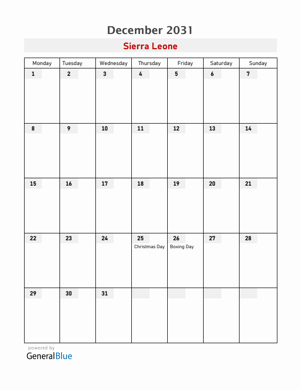 Sierra Leone December 2031 Calendar with Holidays