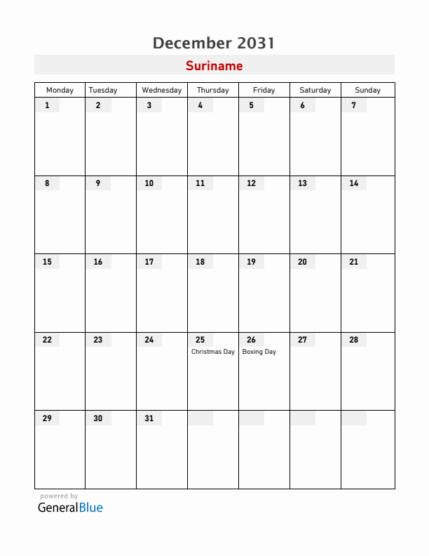 Suriname December 2031 Calendar with Holidays