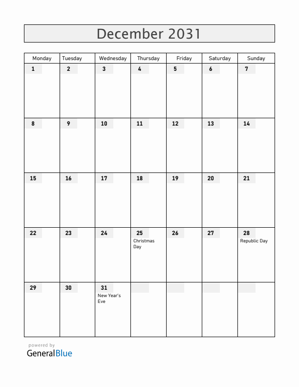 South Sudan December 2031 Calendar with Holidays