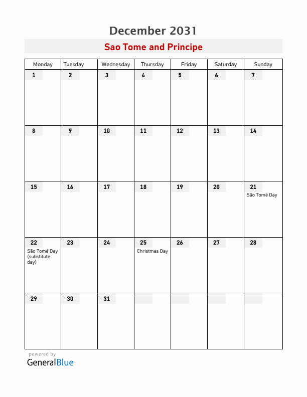 Sao Tome and Principe December 2031 Calendar with Holidays