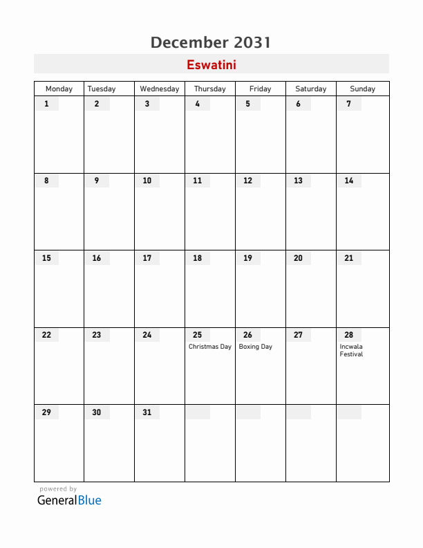 Eswatini December 2031 Calendar with Holidays